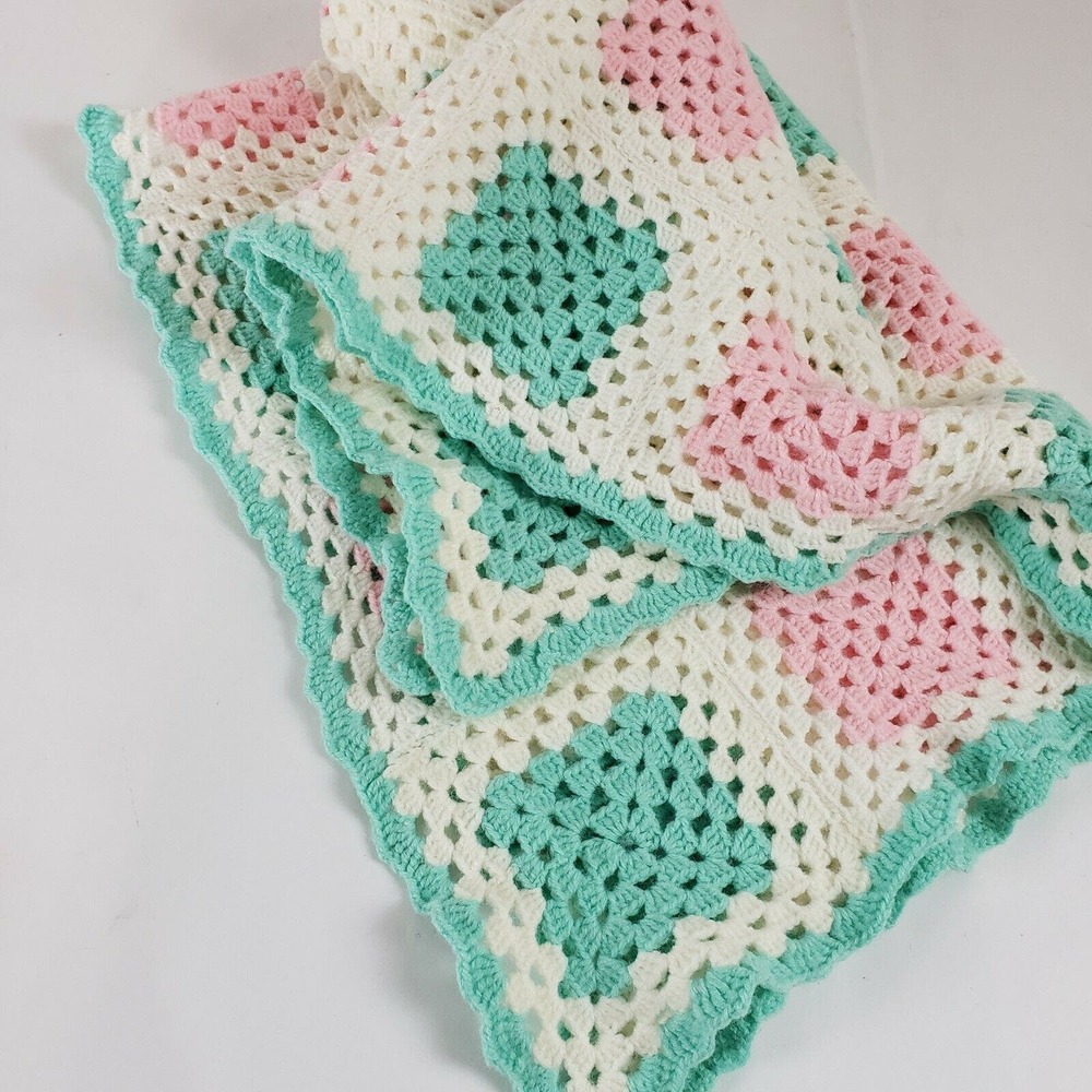 Crocheted Baby Lap Blanket Afghan Throw Handmade Pink Off-White Green 36” x 68” - Picture 2 of 6